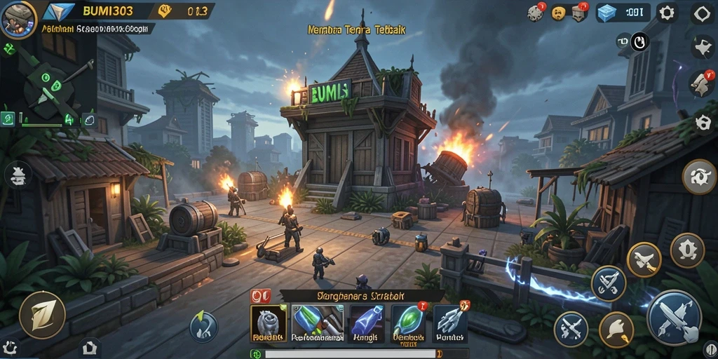 Tampilan gameplay menegangkan dalam BUMI303 Tower Defense.
