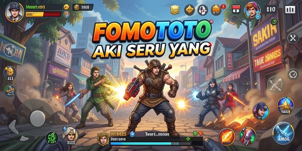 Screenshot FOMOTOTO menampilkan karakter aksi mengenakan senjata siap bertempur.
