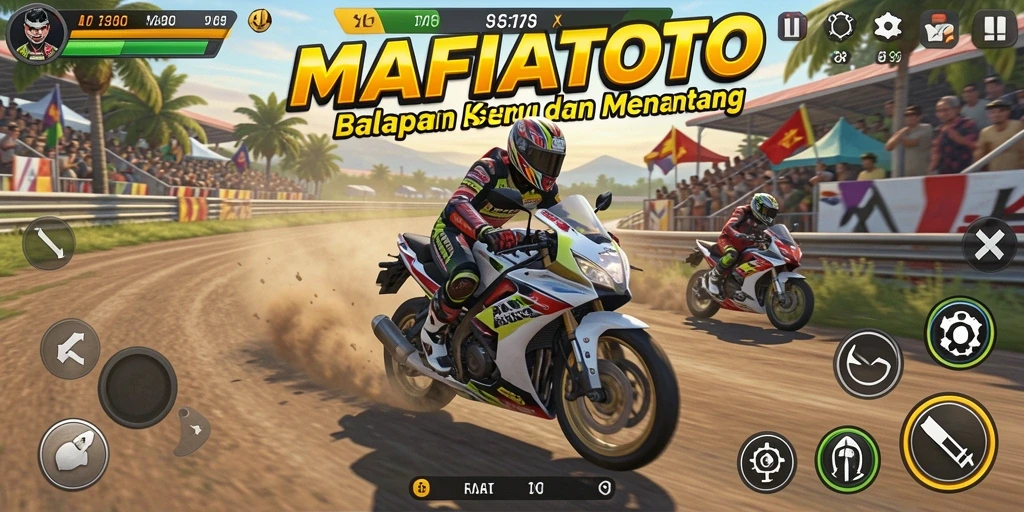 Gameplay MAFIATOTO menampilkan balapan motor yang penuh aksi dan kompetitif.