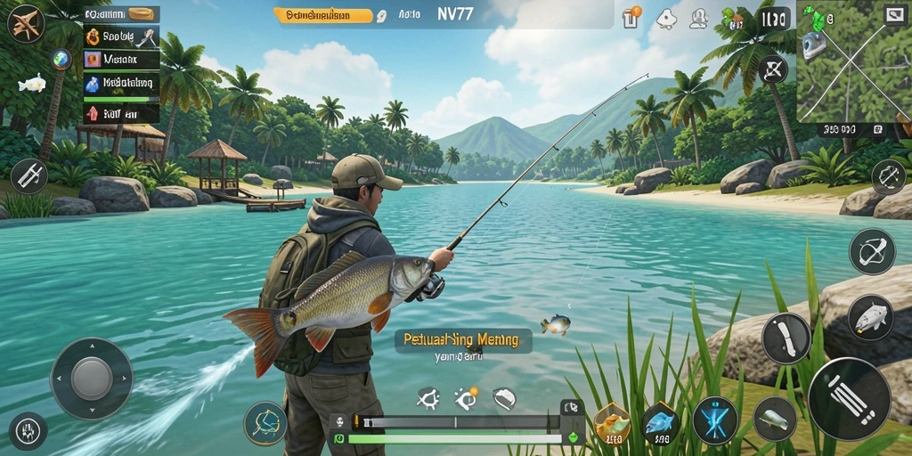 Tangkapan ikan dalam NV77 yang menampilkan gameplay memancing yang menarik.
